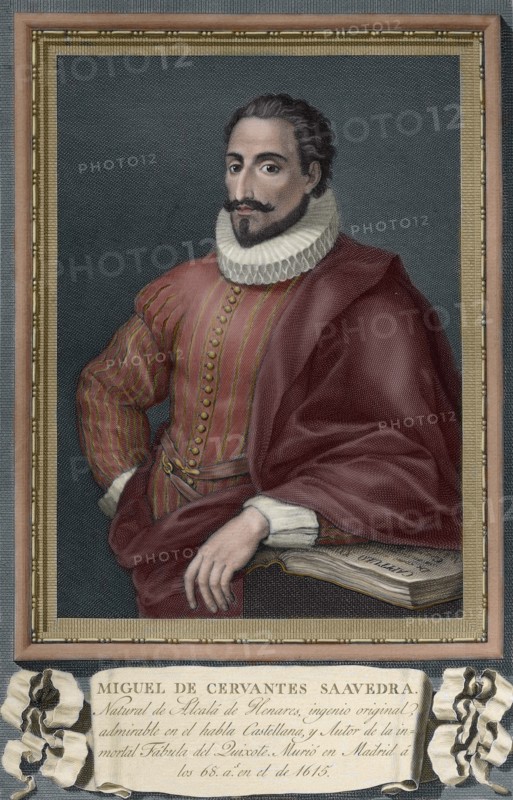 Miguel de Cervantes (1547-1616). Colored engraving.