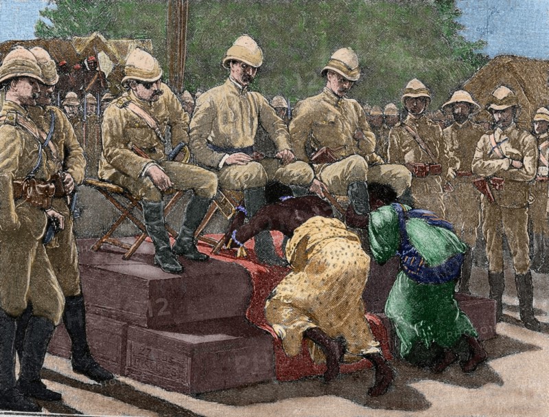 Act of submission of Ashanti king Prempeh before the British representative. Engraving, 1901. Colored.