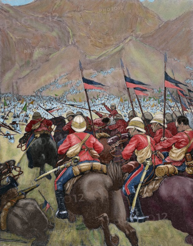 Africa. Charging of the English cavalry. Engraving. Colored.