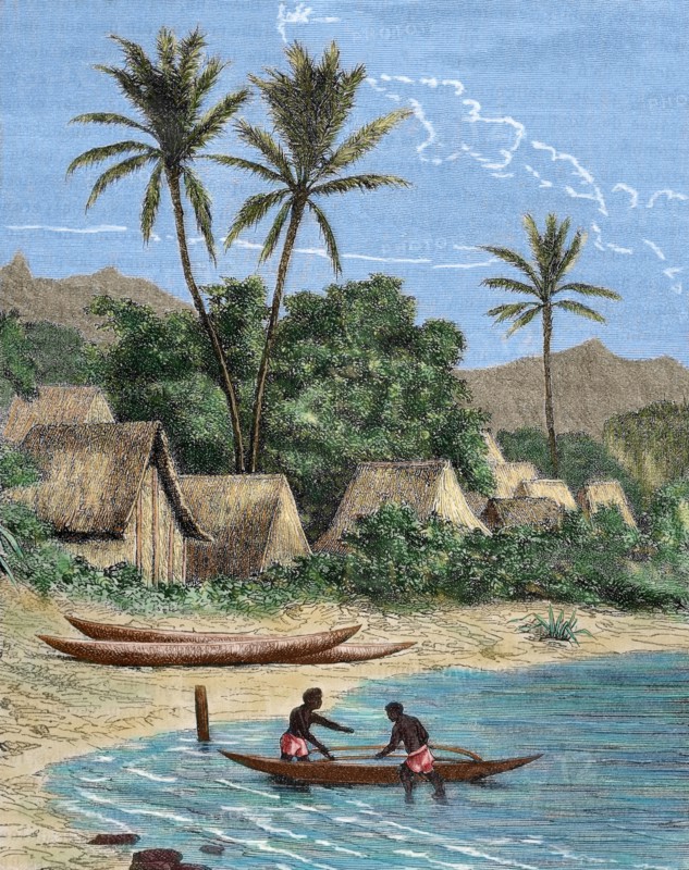 Island of Madagascar. Tamatave. Engraving. Colored.