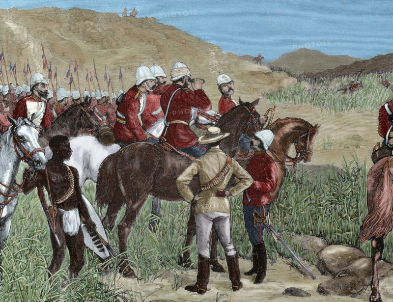 Anglo-Zulu War, 1879. Capture of Cetshwayo. Engraving. Colored.