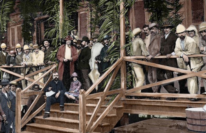 Ferdinand de Lesseps (1805-1894) and his retinue visiting the works of Panama Canal. Engraving, 1887. Colored.