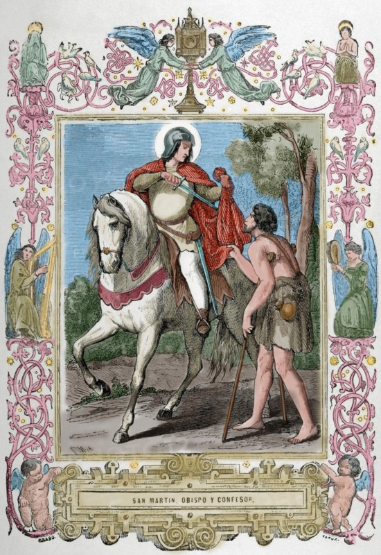 St. Martin of Braga (520-589) sharing his cloak with a beggar. Engraving. Colored.