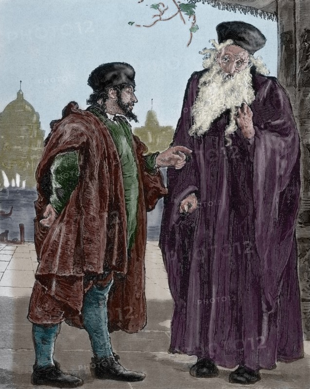 William Shakespeare (1564 - 1616). The Merchant of Venice. Shylock and Tubal. Engraving. Colored.