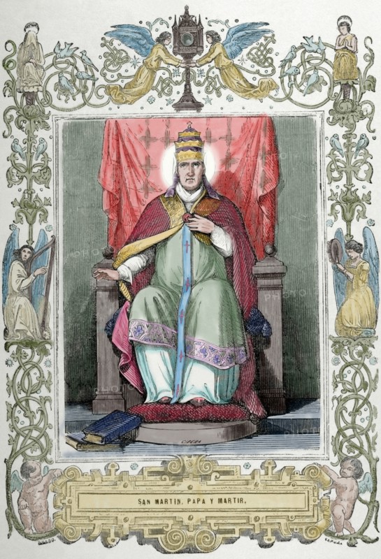 Pope Martin I (d. 655). Engraving by Cibera. Ano Cristiano, 1853. Colored.