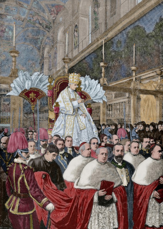 Pope Leo XIII giving a blessing Urbi et Orbi, after the Pontifical Mass from the gestatorial chair.