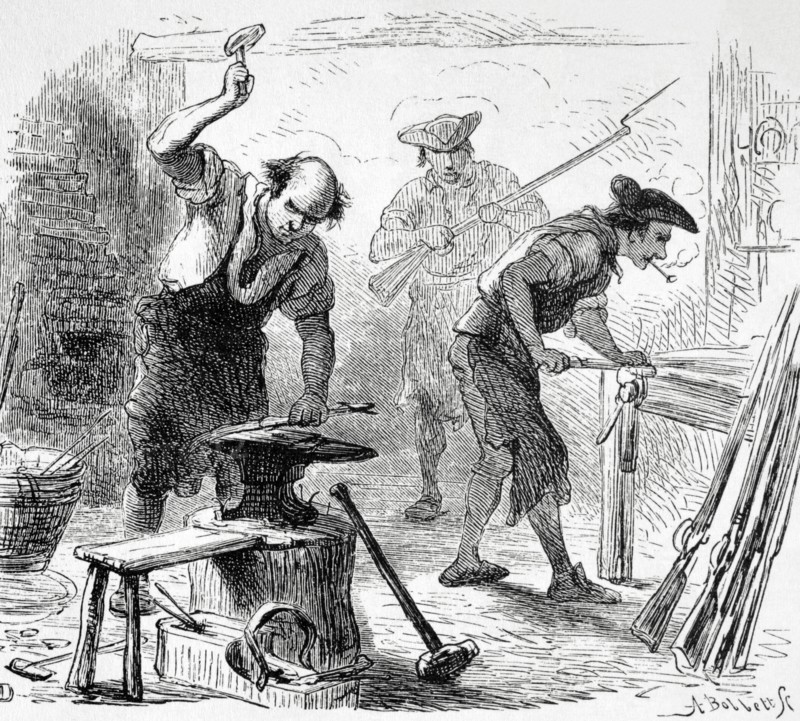 American militiamen manufacturing rifles.