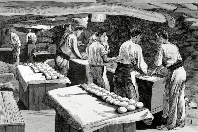 Campaign ovens set up by the military administration. Breadmaking.