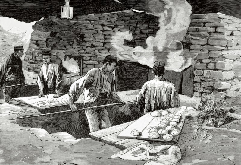 Campaign ovens set up by the military administration. Breadmaking.