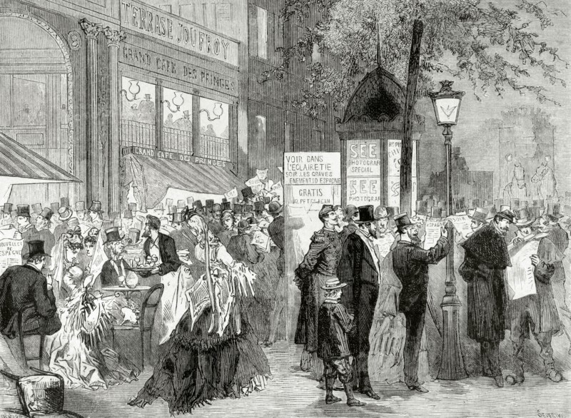 People before the Passage Jouffroy receive news of Spain and the Carlist War.