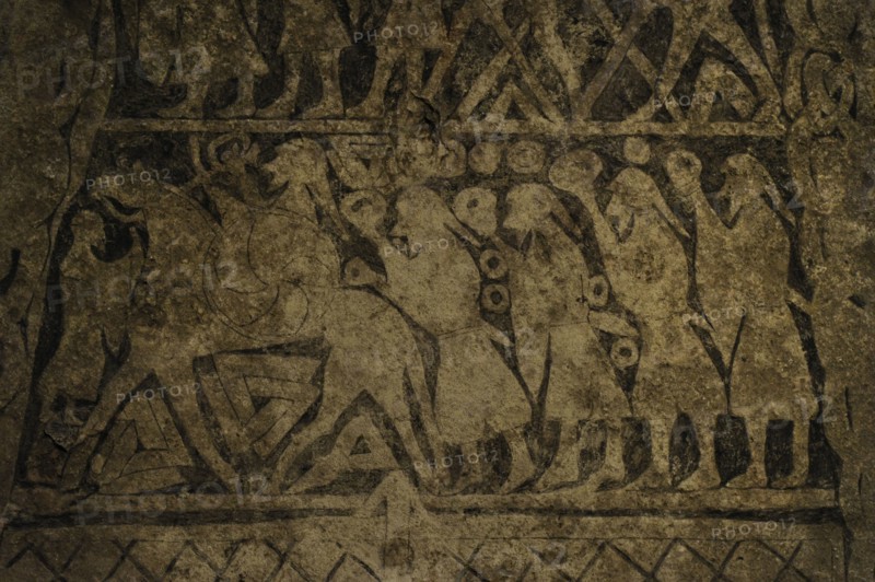 Tangelgarda stone. Scenes holding ring horsed, with Valknut symbols.