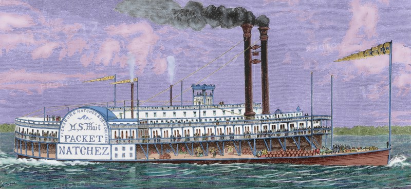 US Mail Packet Natchez steam boat sailing by the Mississippi river.