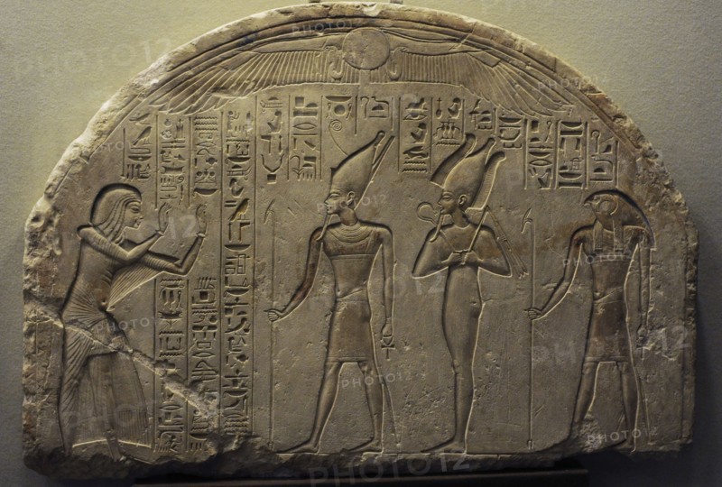 Stele of Haremheb adoring Atum, Osiris, Ptah-Sokar.