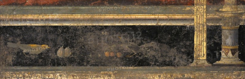 Roman fresco depicting a baseboard with birds and fruit.