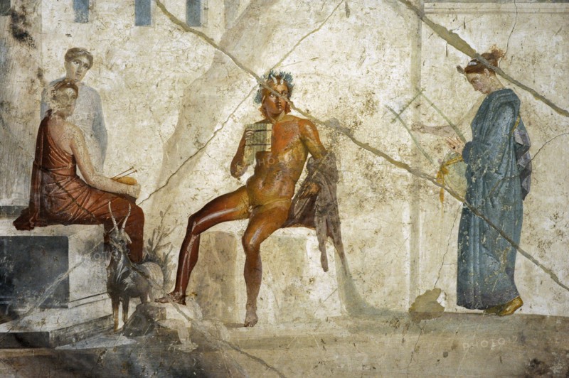 Roman fresco depicting Pan playing the double flute with a nymph playing the lyre and two other nymphs accompanying them.