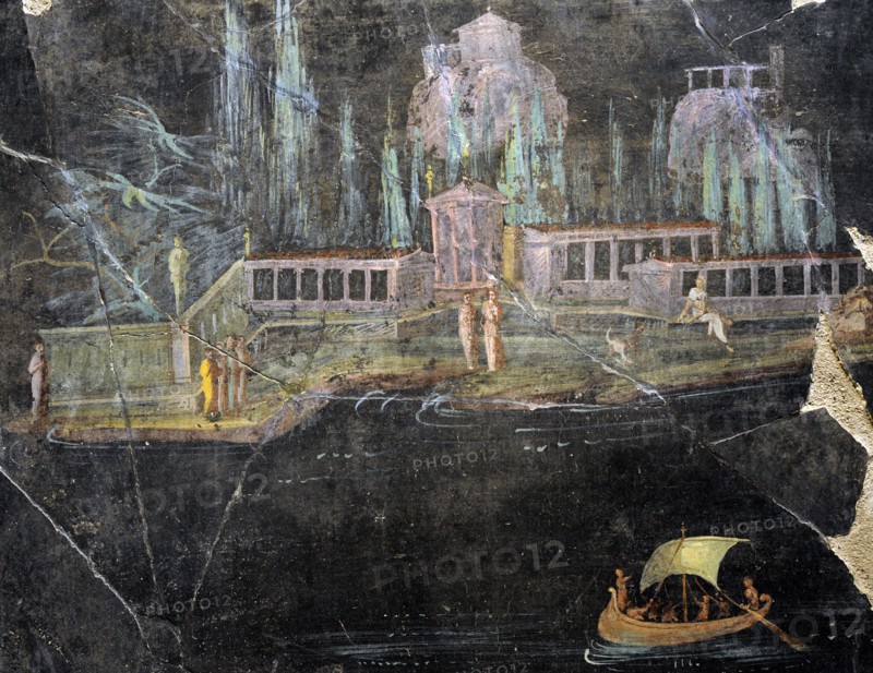 A river landscape with boats.