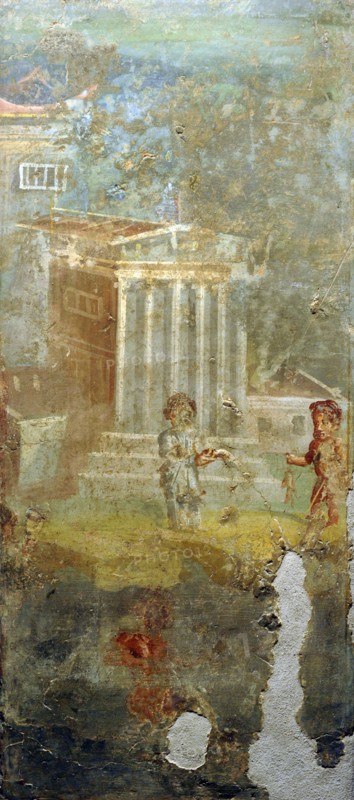 A Nilotic scene with pygmies taking offerings to a temple.