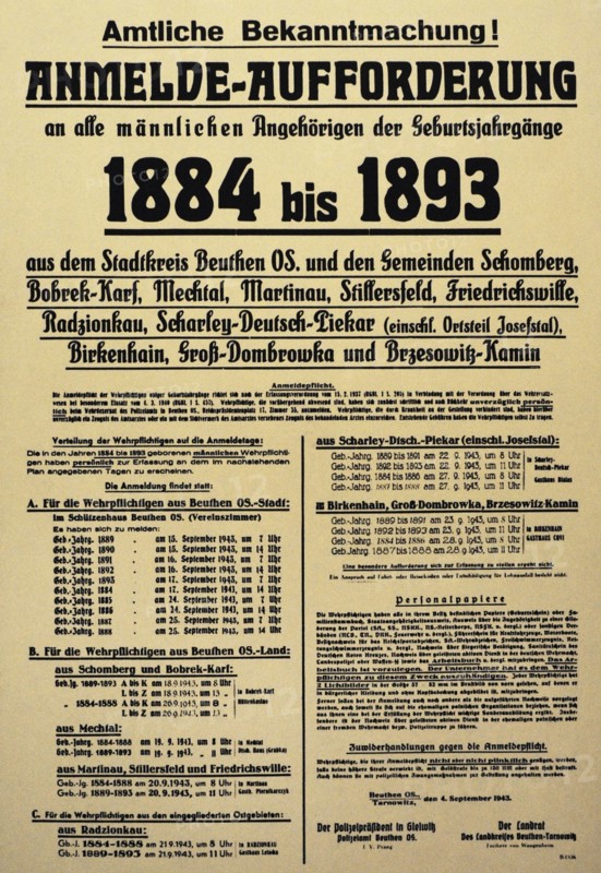 Poster of 1943 encouraging recruits from Bytom and other cities incorporated into the Reich after 1939, and informing them of their duty.