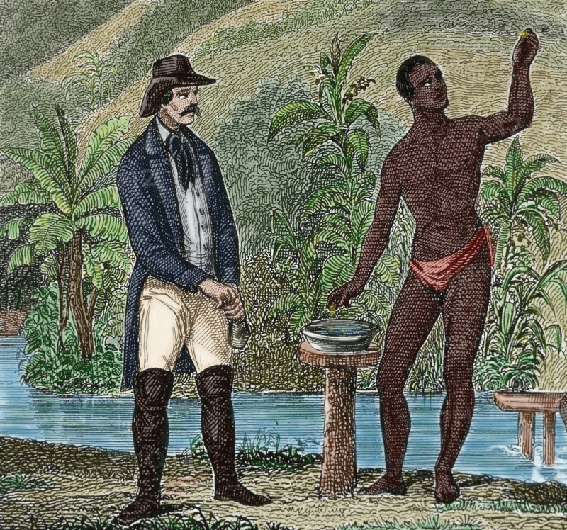Foreman supervising the work of finding gold nuggets by slaves.
