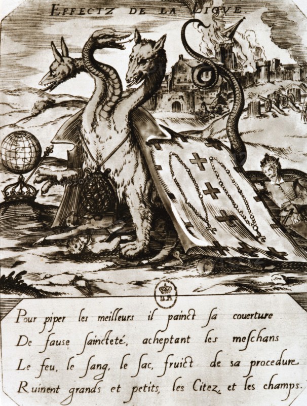 Propaganda print depicting Huguenot against the Catholic league.