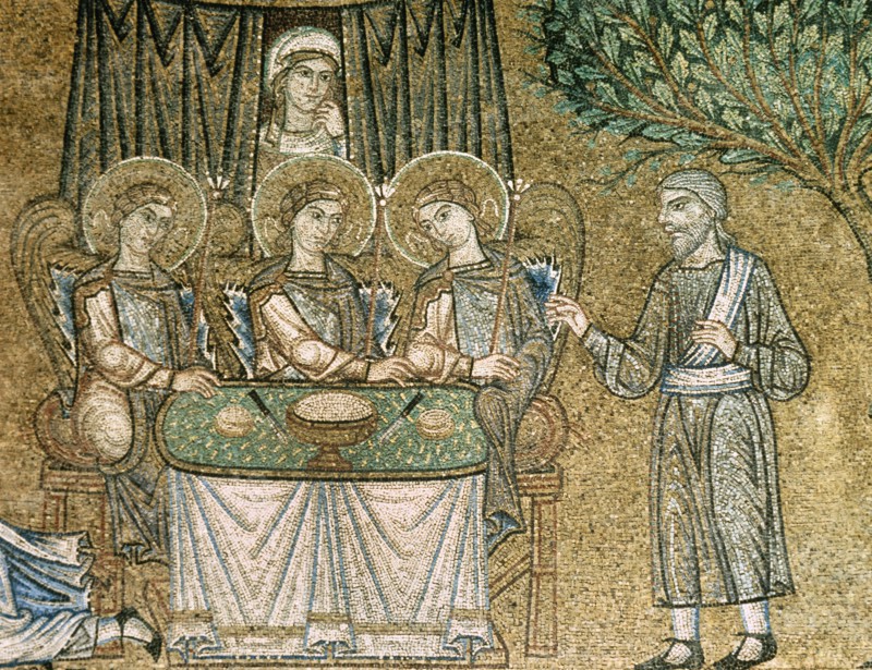 Three angels hosted by Abraham. Bible scene. Mosaic, 13th c. Atrium. St. Mark's Basilica. Venice. Italy.