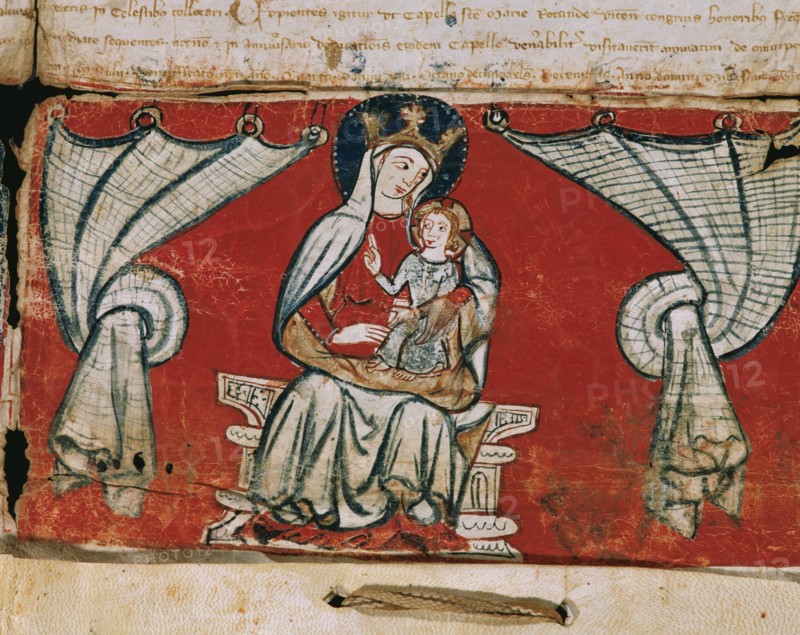 Concession indulgences of the Virgin from La Rodona in Vic. 1342. Miniature. Virgin and child. Spain.