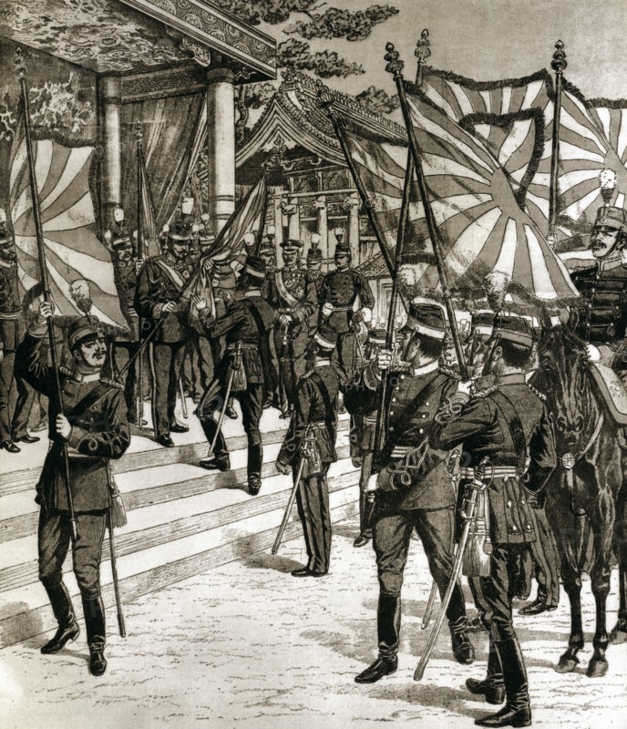The Japonese emperor Meiji delivering the flag to his troops.
