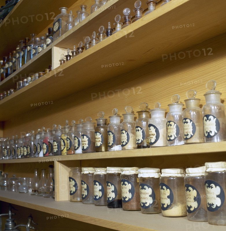 Spain. Catalonia. Llivia. Old pahrmacy bottles. Museum of Esteve Pharmacy.