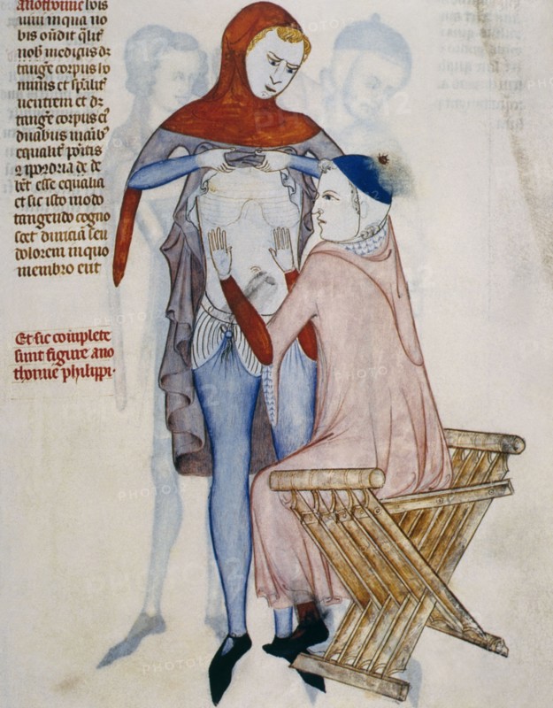Doctor doing a thoracic and abdominal recognition of a patient. Miniature. Anatomy treaty. 14th c.