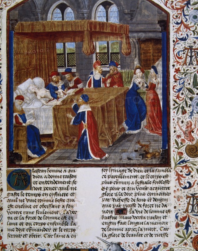 Caesarean section. Miniature. Faits de Romains (Acts of Romans)  Medival Work. 1213-1214.
