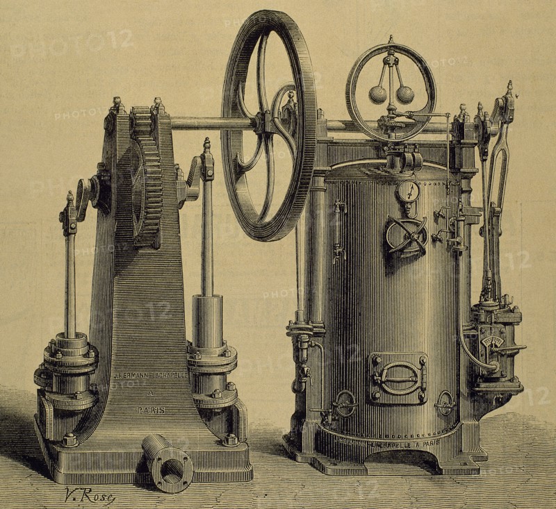 Submerged pump pistons. Supply cities. Engraved by Decreef. La Ilustracion Espanola y Americana, 1878.
