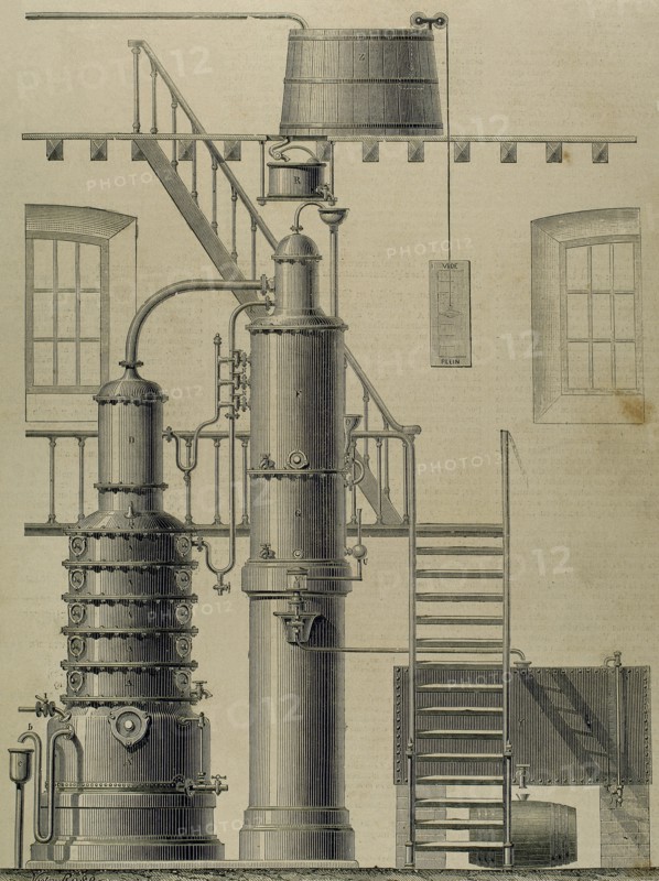Egrot apparatus. Alcohol destillation. Exposition of Paris, 1878. Engraving by Victor Rose.