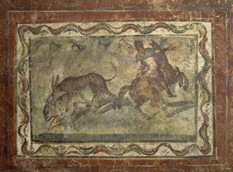 Hunting scene. Roman painting. Domus. 4th C. Merida (Augusta Emerita). Spain.