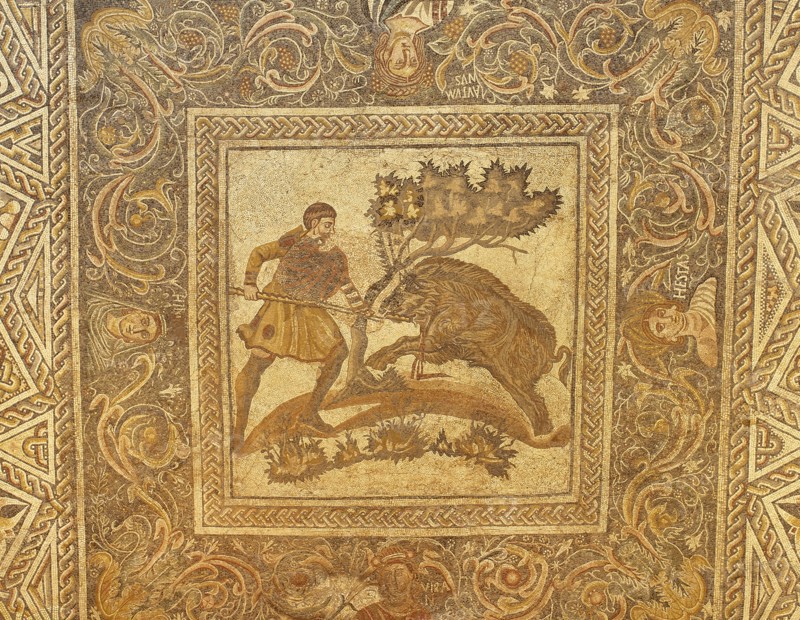 Scene of wild boar hunt, mosaic uncovered in Merida (Augusta Emerita), Spain. Roman, 4th c.