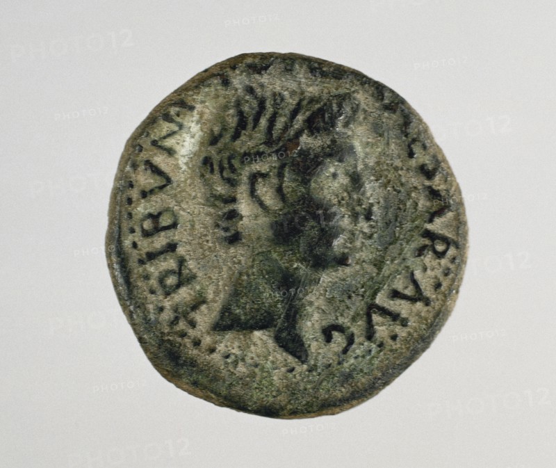 As. Roman coin. Bronze. Showing Augustus on the obserse. 1st century. From Merida. Spain.
