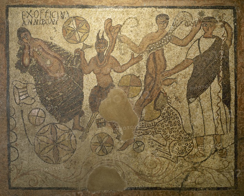 Roman mosaic of Bacchic scene from workshop of Anmus Ponius. From Merida, Spain. 4th C. Spain.
