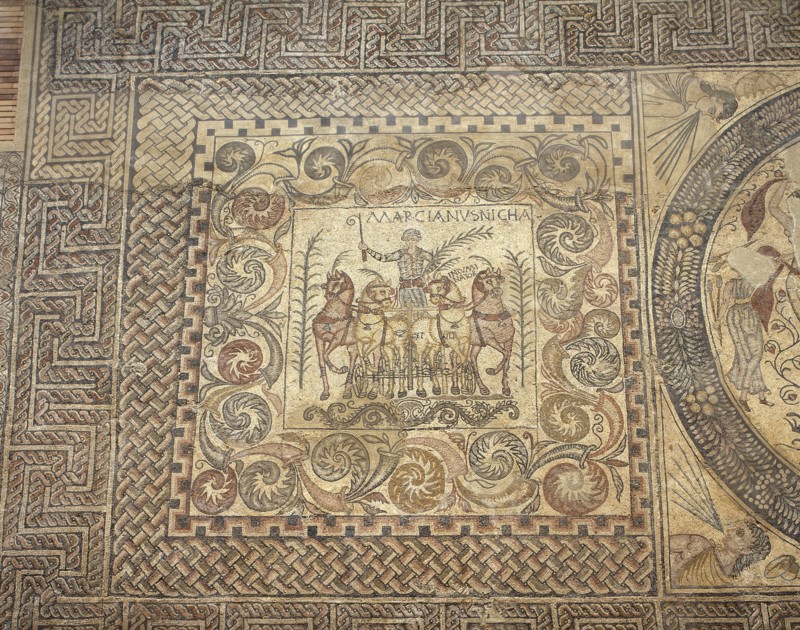 The Aurigas mosaic. 4th century. The victoriuos charioteer Marcianus with his chariot. Merida. Spain.