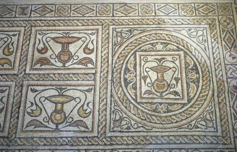 Roman mosaic. Decoration with vessels. 1st century AD. From Merida (Augusta Emerita). National Museum of Roman Art. Merida. Spain.