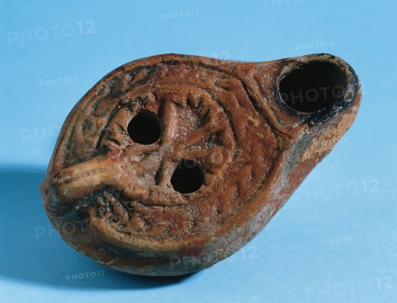 Early Christian art. Roman lamp. Terracotte. Chi Rho symbol. From Catalonia. Spain.
