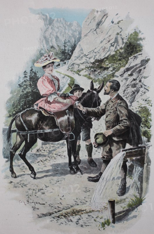 man gives a cup with fresh water to a woman on a mule