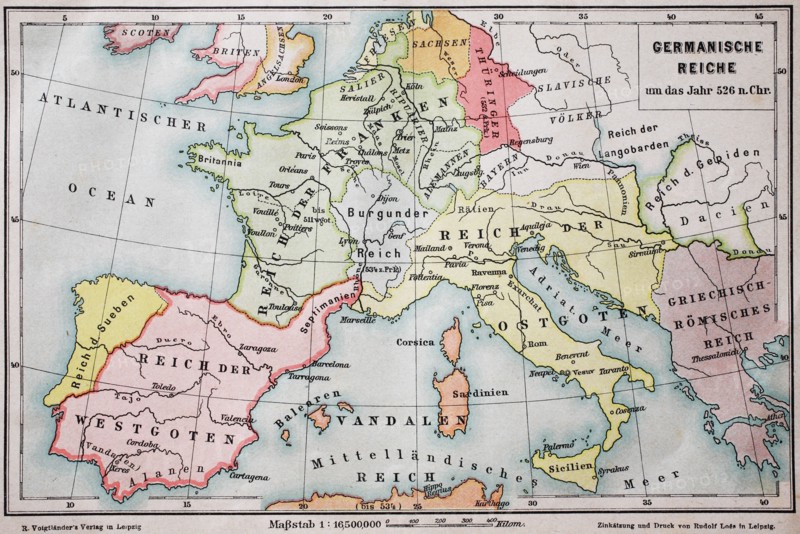 Historical map of the german empire in the year 526  /  Landkarte