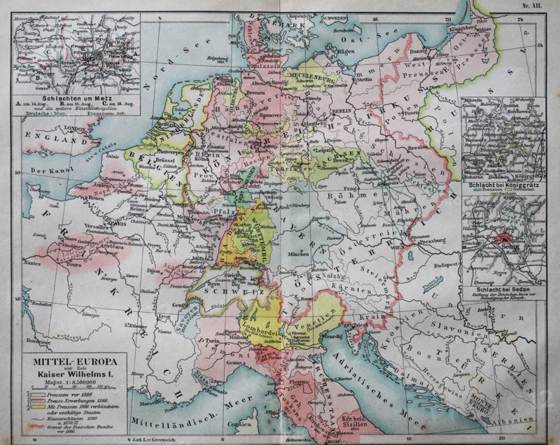 Historical map of central Europe from the time of emperor Wilhelm I.  /  Historische Landkarte von Mitteleuropa zur Zeit von Kaiser Wilhelm I.