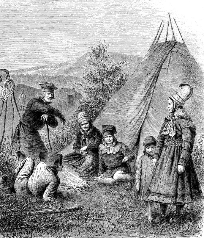 fjeld people in festivity dree in front of their tents