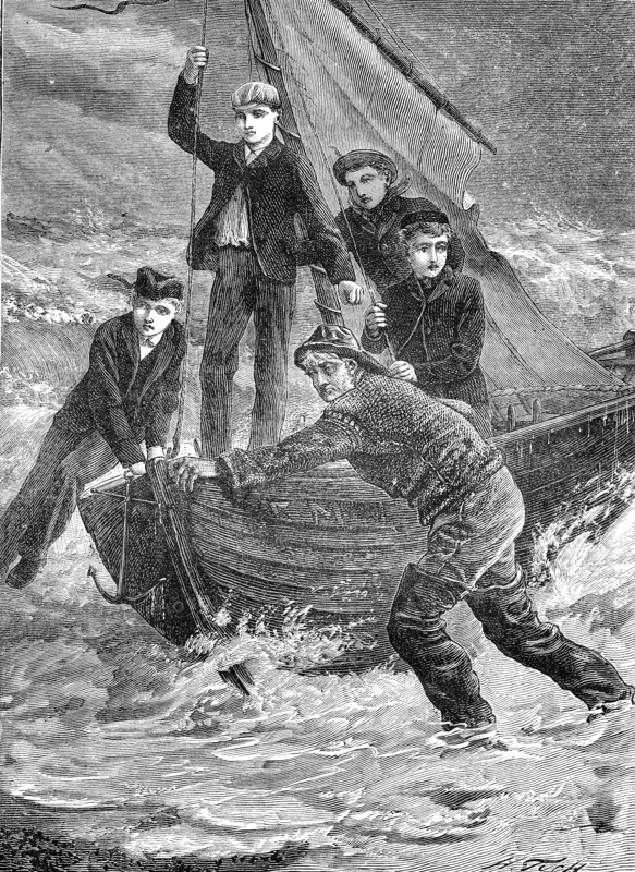 Men bring a boat to the beach  /  Männer bringen ein Boot an den Strand