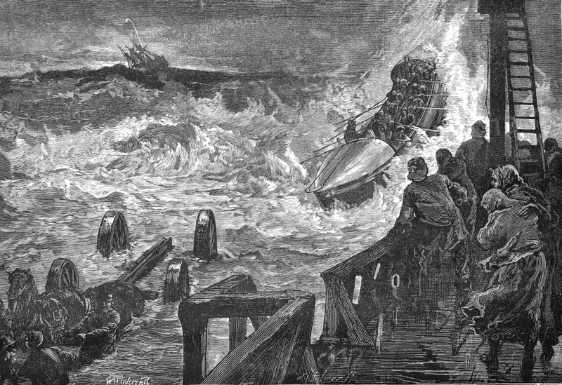 a lifeboat is brought to sea in heavy seas  /  ein Rettungsboot wird bei schwerem Seegang zu Wasser gebracht