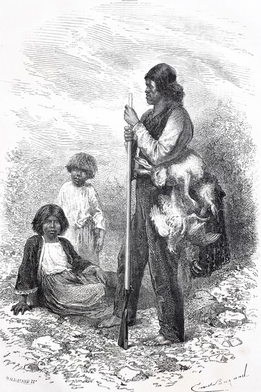 Indian hunter from California and two Indian girls  /  Indianischer Jäger aus Kalifornien und zwei indische Mädchen