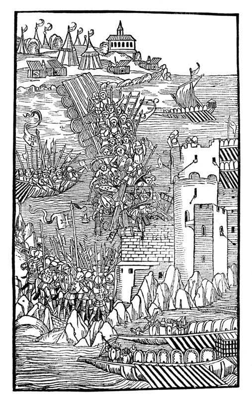 In 1480 the small Knights Hospitaller garrison of Rhodes withstood an attack of the Ottoman Empire  /  Szene aus der Belagerung von Rhodos