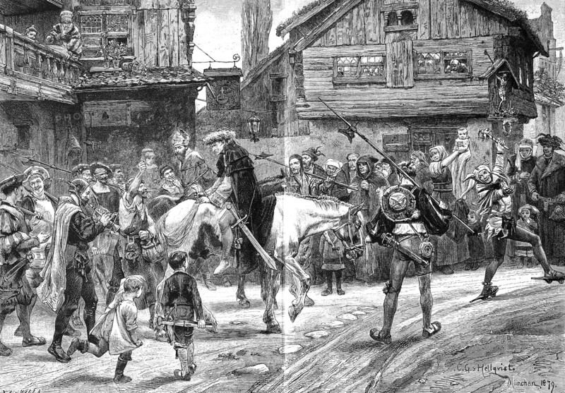Prelate arriving in the street of a village in Bavaria