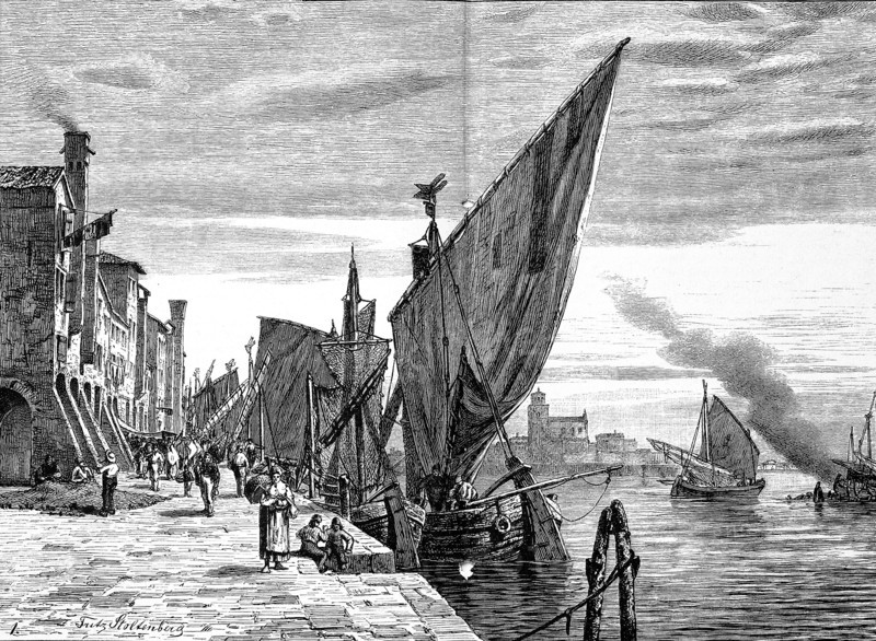 Canal scene in late 19th Century in the city of Chioggia