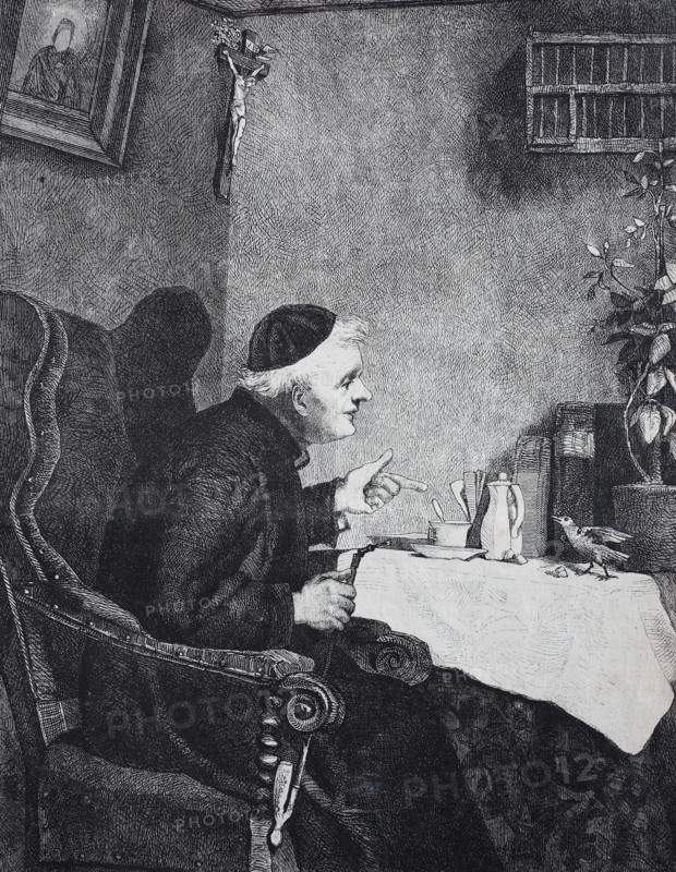 Priest sits at the table and has caught a bird eating the cake crumbs  /  Priester sitzt am Tisch und hat einen Vogel beim Auflesen der Kuchenkrümel ertappt